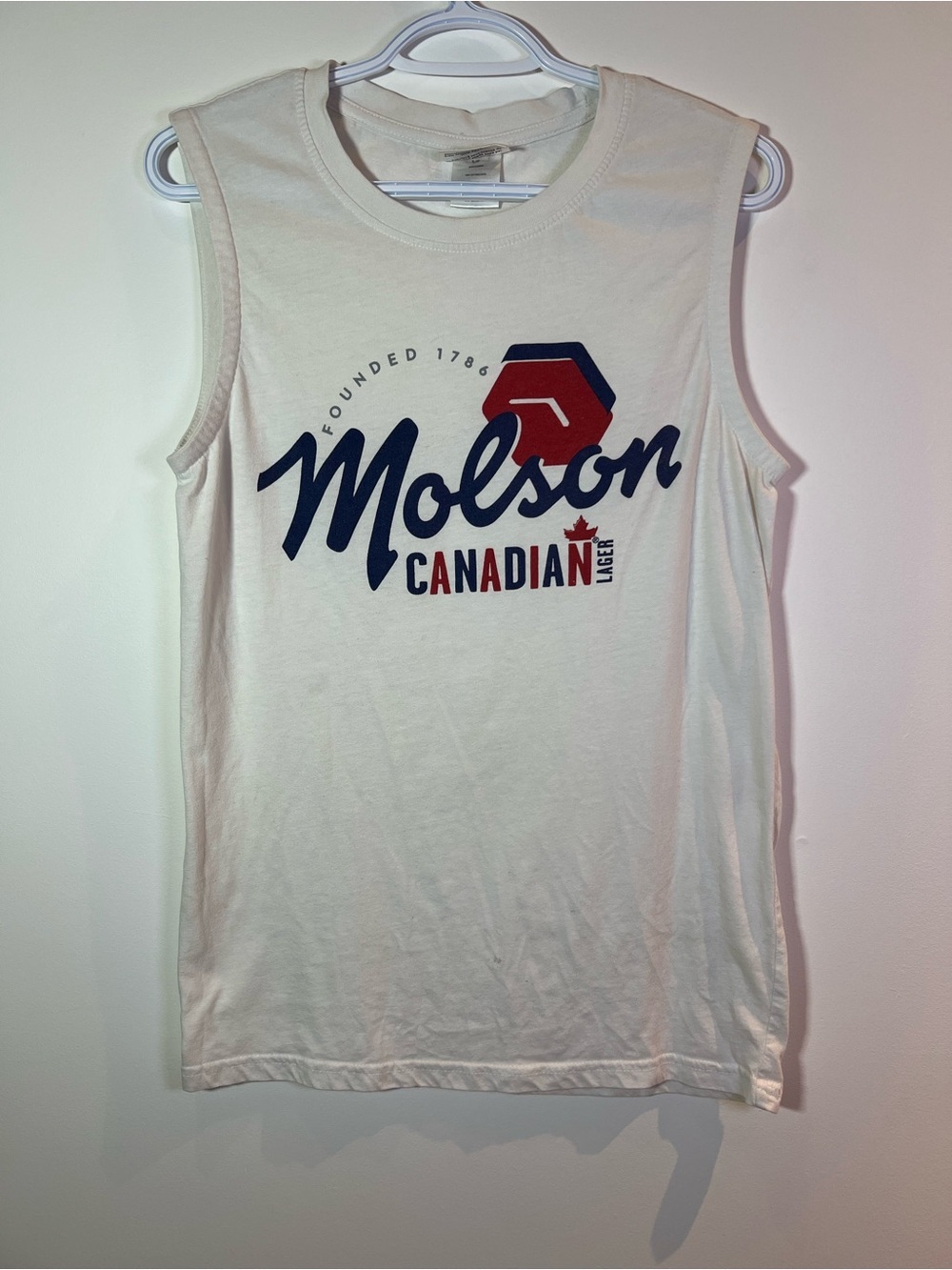 Molson Canadian Men’s Small Sleeveless Logo Tank - White with Navy & Red